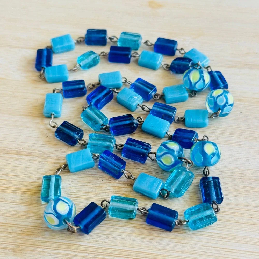 VTG BOHO Necklace Blue Art‎ Glass Beads Lampwork Strand Statement 70s Retro 26